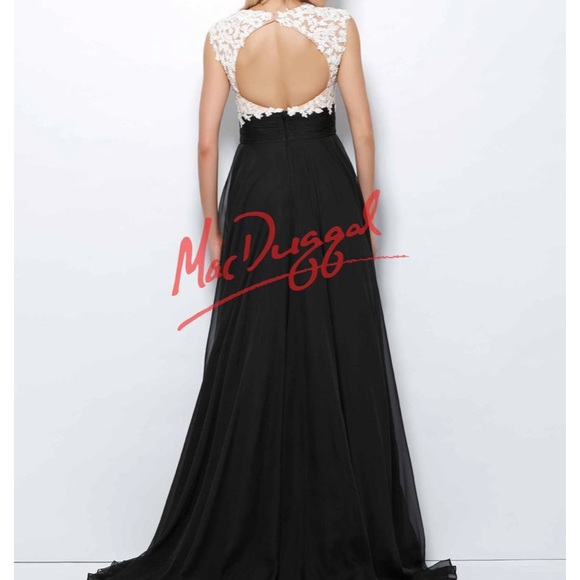 Mac duggal black white beaded lace overlay sleeveless formal designer gown dress - Picture 2 of 12